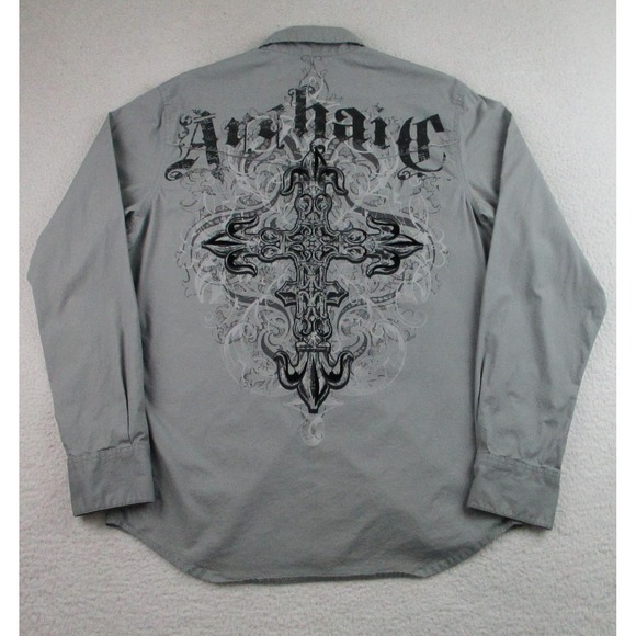 Archaic Shirt Mens Small Gray Long Sleeve Button Up Stretch Cross Graphic AM575 - Picture 10 of 10